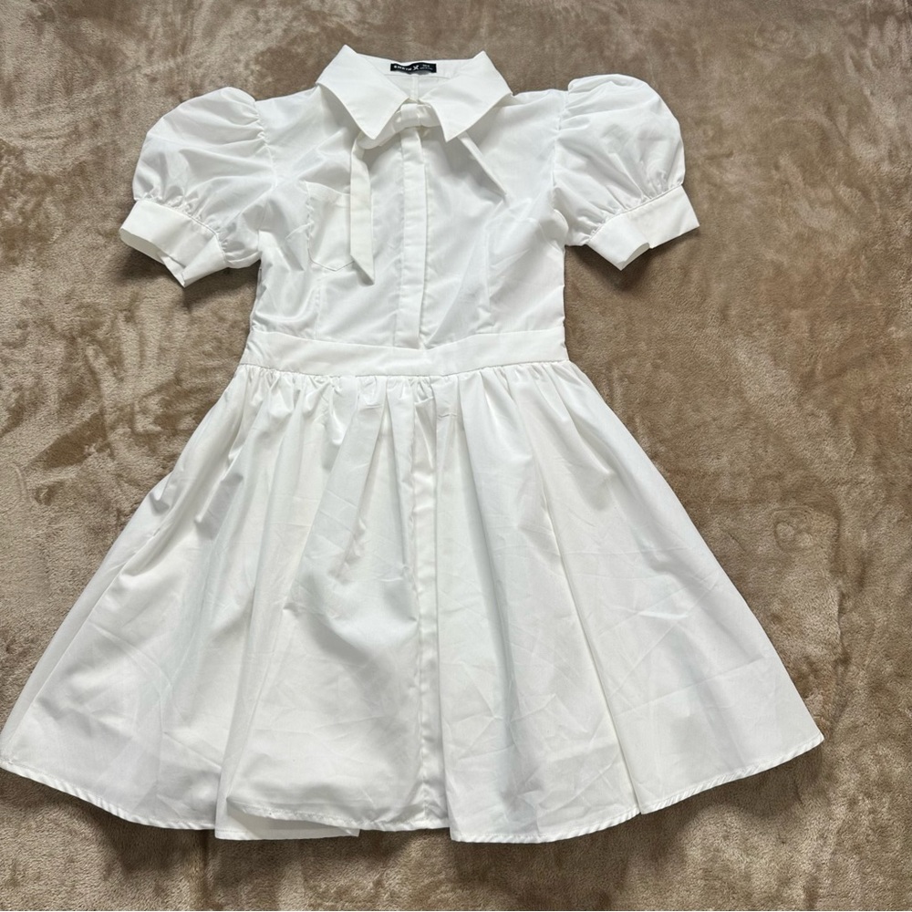 SHEIN Adorable White Puff Sleeve Flare Dress